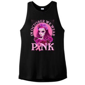 In October We Wear Pink Day Of The Dead Breast Cancer Warrior Ladies PosiCharge Tri-Blend Wicking Tank