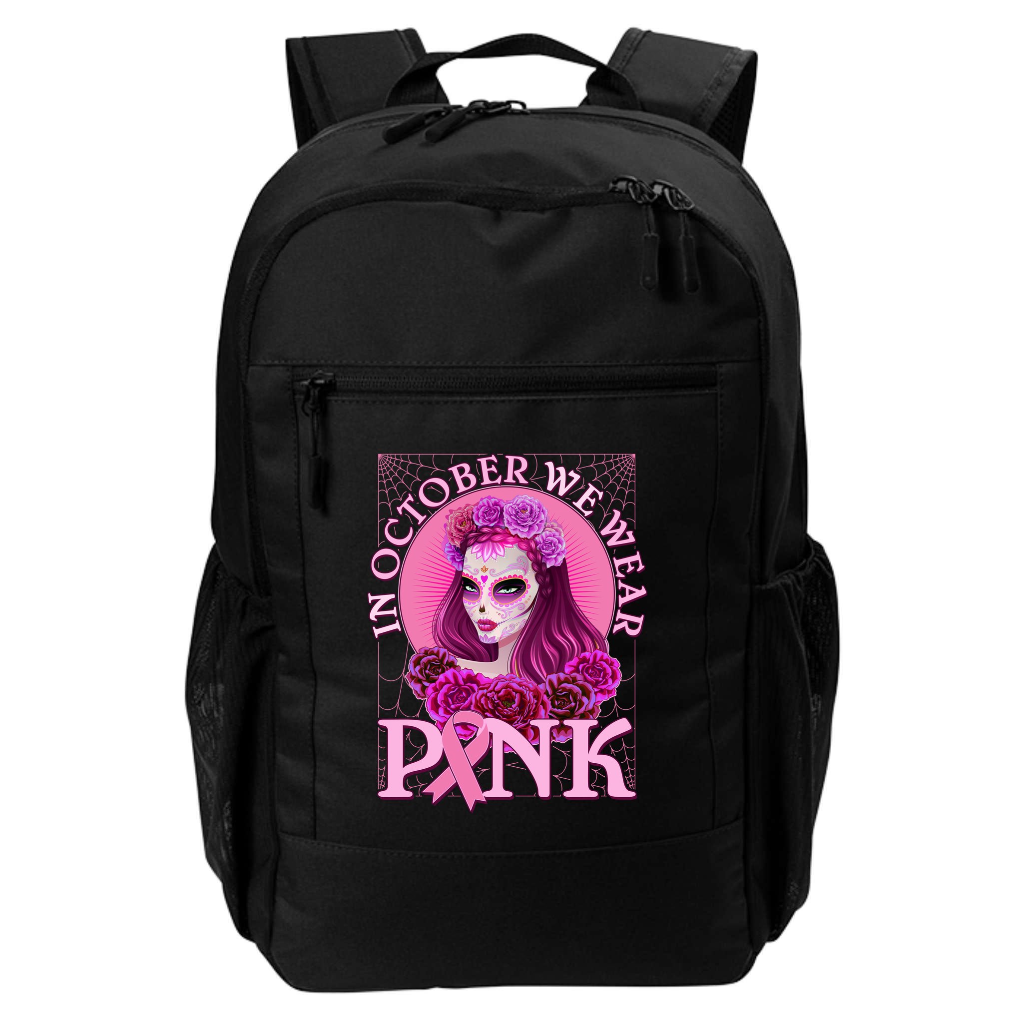 In October We Wear Pink Day Of The Dead Breast Cancer Warrior Backpack
