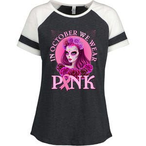 In October We Wear Pink Day Of The Dead Breast Cancer Warrior Enza Ladies Jersey Colorblock Tee