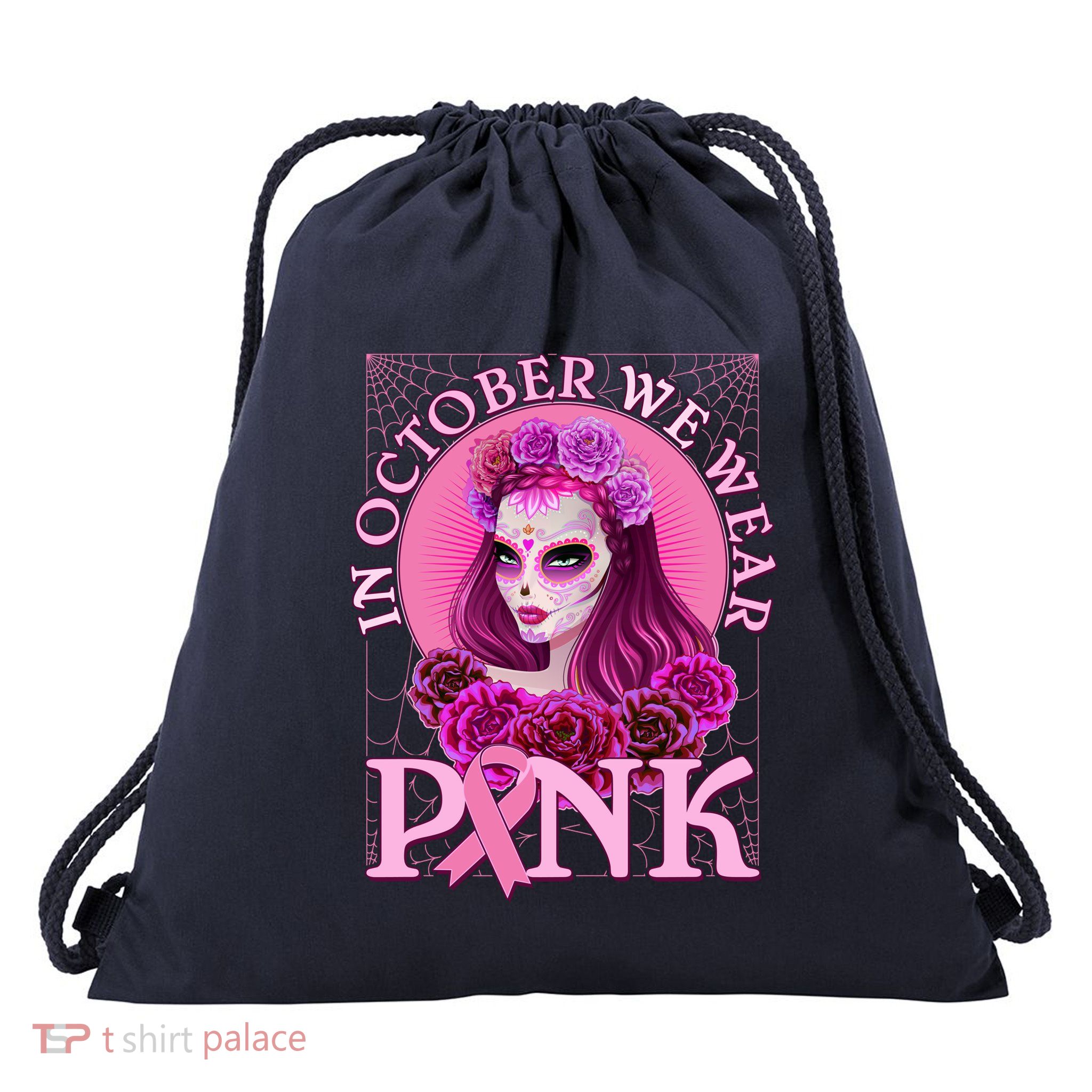 In October We Wear Pink Day Of The Dead Breast Cancer Warrior Drawstring Bag