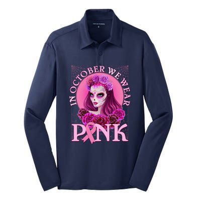 In October We Wear Pink Day Of The Dead Breast Cancer Warrior Silk Touch Performance Long Sleeve Polo