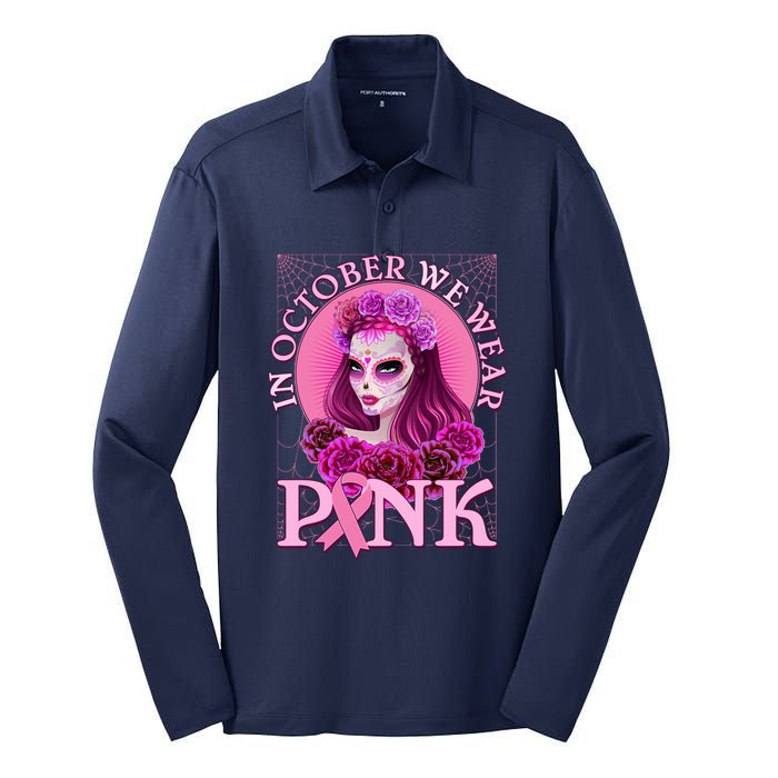 In October We Wear Pink Day Of The Dead Breast Cancer Warrior Silk Touch Performance Long Sleeve Polo