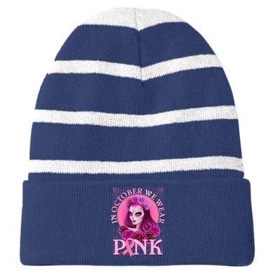 In October We Wear Pink Day Of The Dead Breast Cancer Warrior Striped Beanie with Solid Band