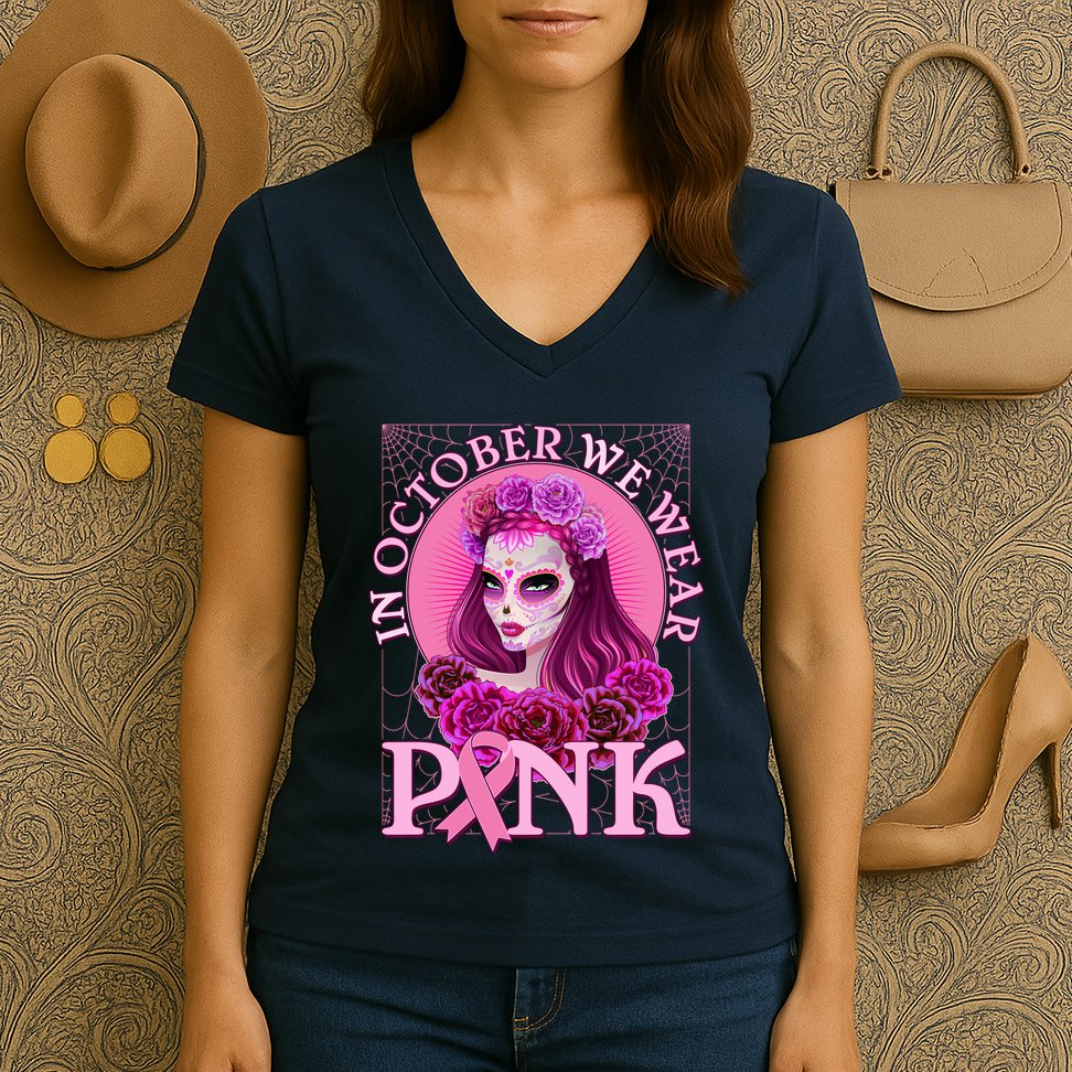 In October We Wear Pink Day Of The Dead Breast Cancer Warrior Women's V-Neck T-Shirt