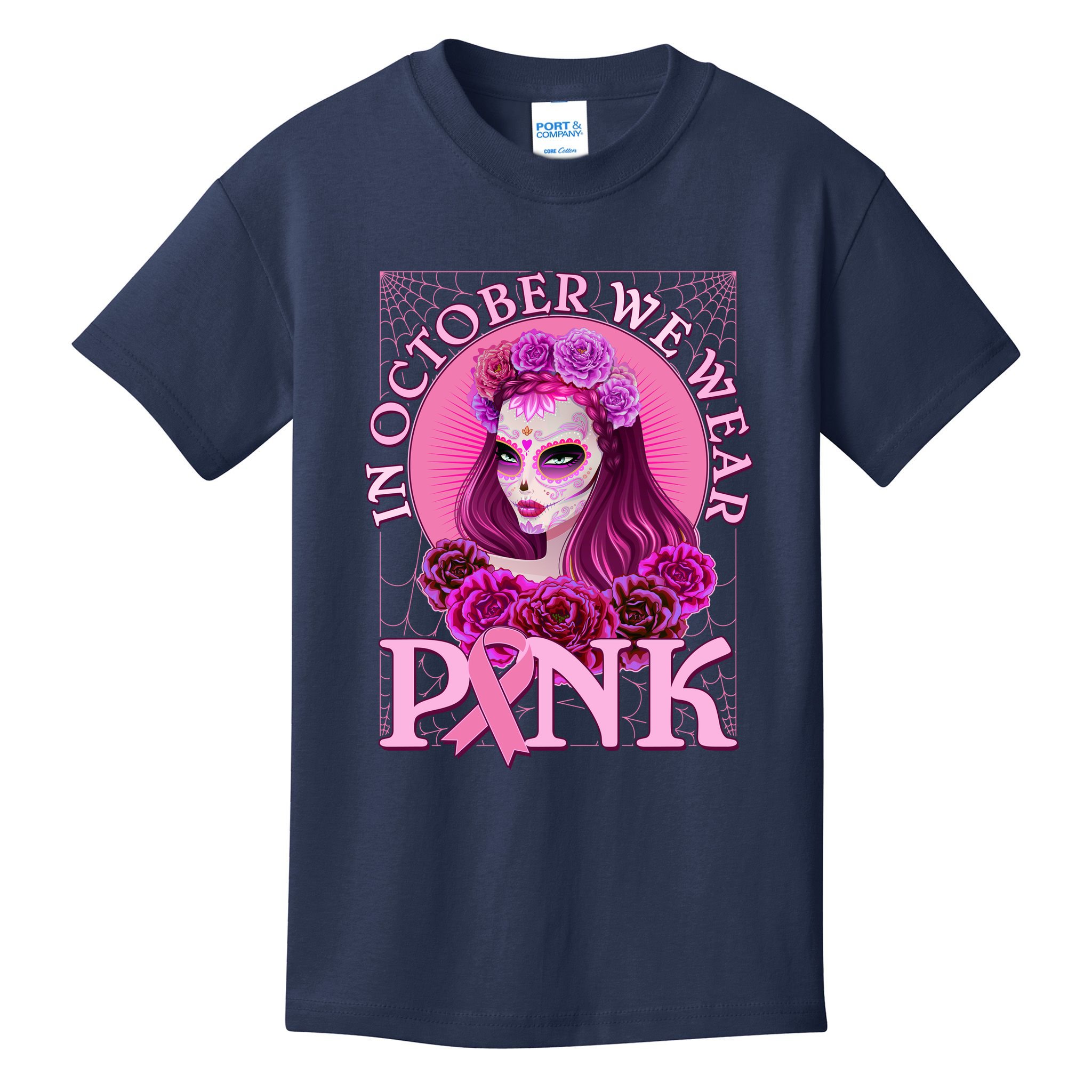 In October We Wear Pink Day Of The Dead Breast Cancer Warrior Kids T-Shirt