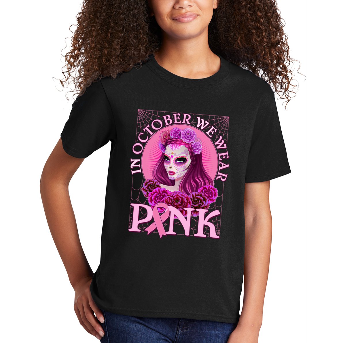 In October We Wear Pink Day Of The Dead Breast Cancer Warrior Kids T-Shirt