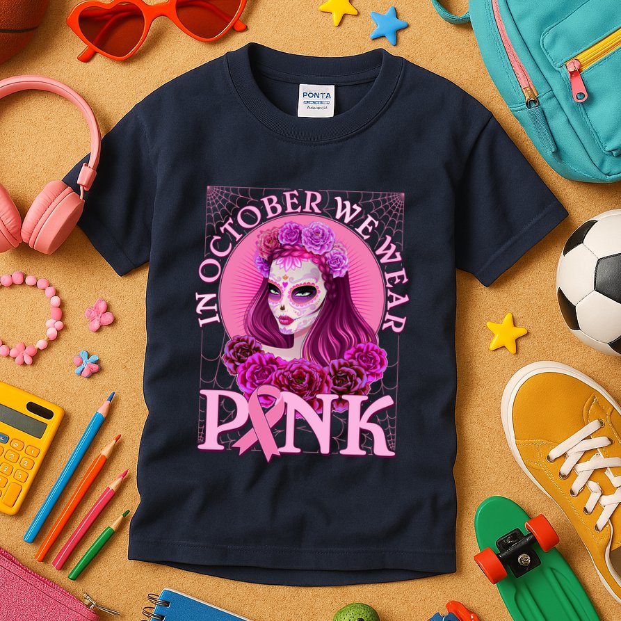 In October We Wear Pink Day Of The Dead Breast Cancer Warrior Kids T-Shirt
