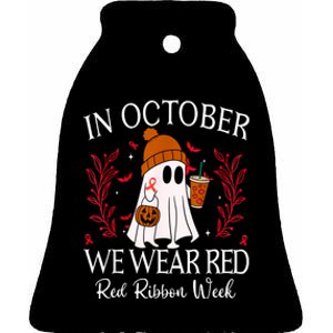 In October We Wear Red For Red Ribbon Week Awareness Ceramic Bell Ornament