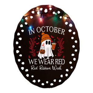 In October We Wear Red For Red Ribbon Week Awareness Ceramic Oval Ornament