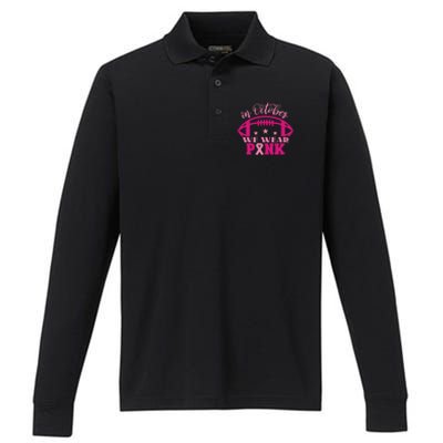 In October We Wear Pink Football Ribbon Performance Long Sleeve Polo