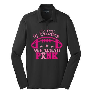 In October We Wear Pink Football Ribbon Silk Touch Performance Long Sleeve Polo