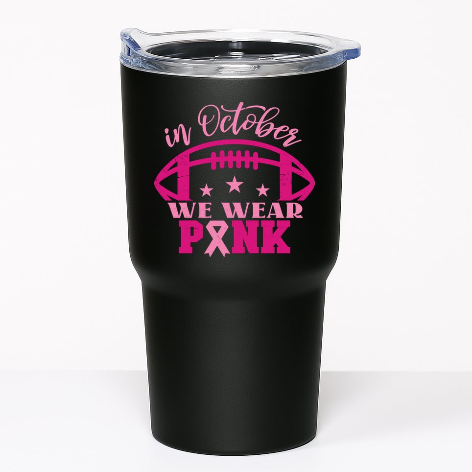 In October We Wear Pink Football Ribbon Tumbler