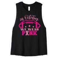 In October We Wear Pink Football Ribbon Women's Racerback Cropped Tank