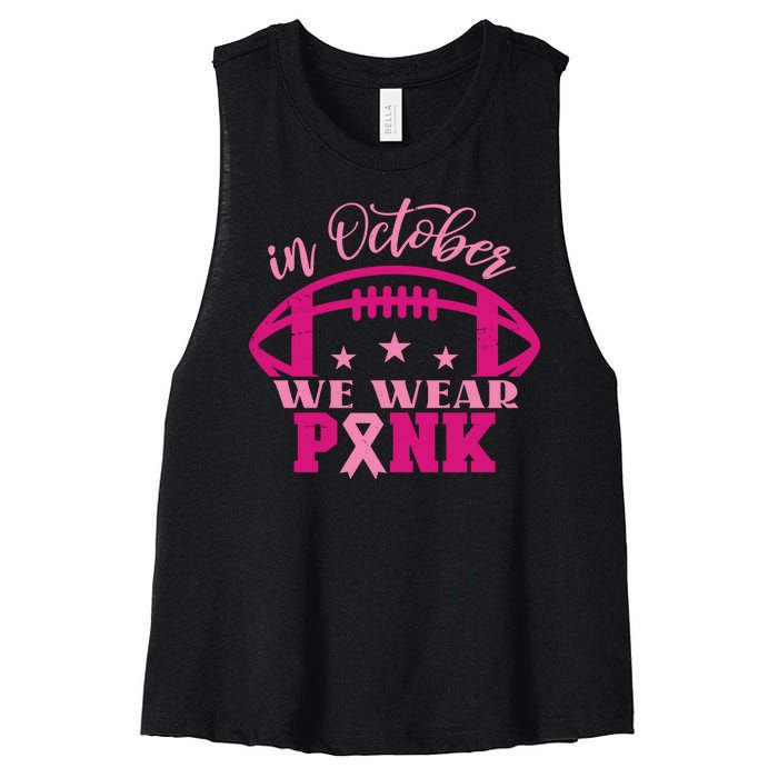 In October We Wear Pink Football Ribbon Women's Racerback Cropped Tank