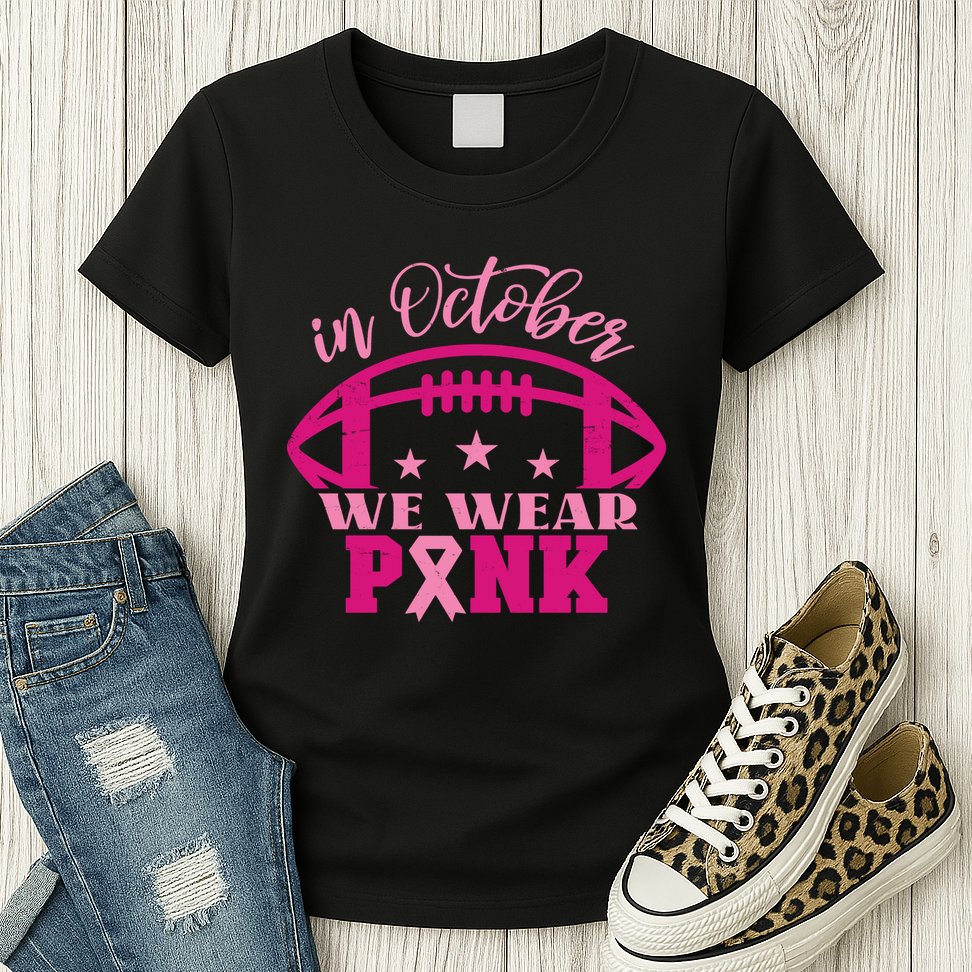 In October We Wear Pink Football Ribbon Womens T-Shirt
