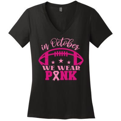 In October We Wear Pink Football Ribbon Women's V-Neck T-Shirt