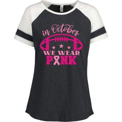 In October We Wear Pink Football Ribbon Enza Ladies Jersey Colorblock Tee