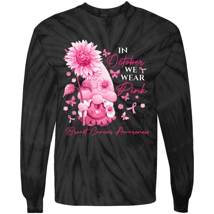 In October We Wear Pink Gnomes Gnome Breast Cancer Awareness Tie-Dye Long Sleeve Shirt