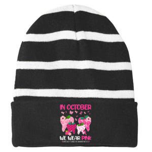 In October We Wear Breast Cancer Awareness Dental Striped Beanie with Solid Band