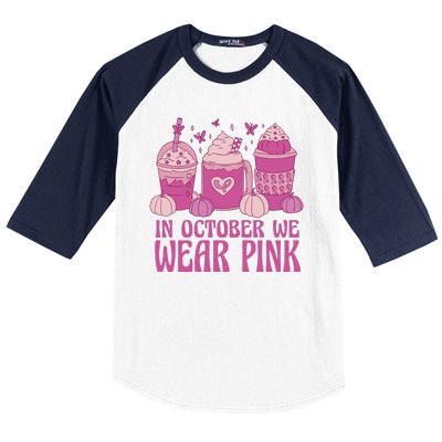 In October We Wear Pink Autumn Pumpkin Coffee Baseball Sleeve Shirt