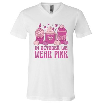 In October We Wear Pink Autumn Pumpkin Coffee V-Neck T-Shirt