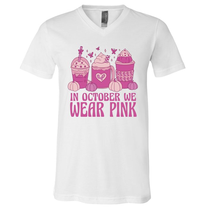 In October We Wear Pink Autumn Pumpkin Coffee V-Neck T-Shirt