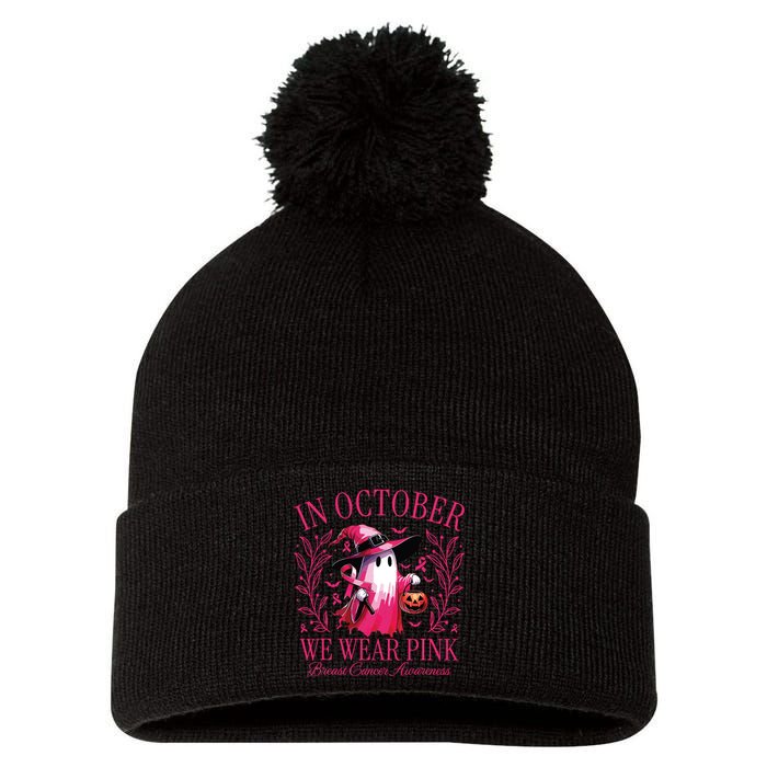 In October We Wear Pin Ghosts Breast Cancer Awareness Pom Pom 12in Knit Beanie