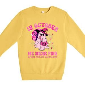 In October We Wear Ghost Witch Breast Cancer Awareness Premium Crewneck Sweatshirt