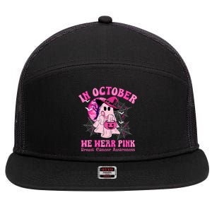 In October We Wear Ghost Witch Breast Cancer Awareness 7 Panel Mesh Trucker Snapback Hat