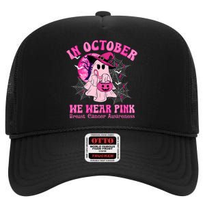 In October We Wear Ghost Witch Breast Cancer Awareness High Crown Mesh Back Trucker Hat