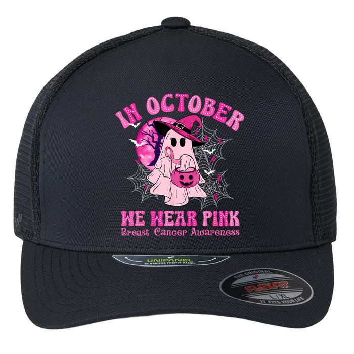 In October We Wear Ghost Witch Breast Cancer Awareness Flexfit Unipanel Trucker Cap