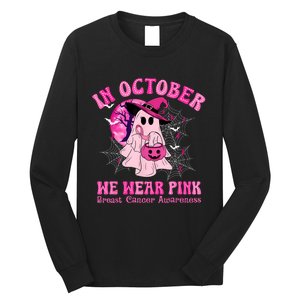 In October We Wear Ghost Witch Breast Cancer Awareness Long Sleeve Shirt