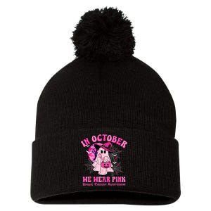 In October We Wear Ghost Witch Breast Cancer Awareness Pom Pom 12in Knit Beanie