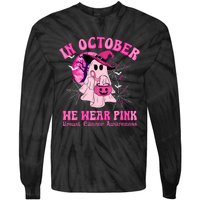 In October We Wear Ghost Witch Breast Cancer Awareness Tie-Dye Long Sleeve Shirt