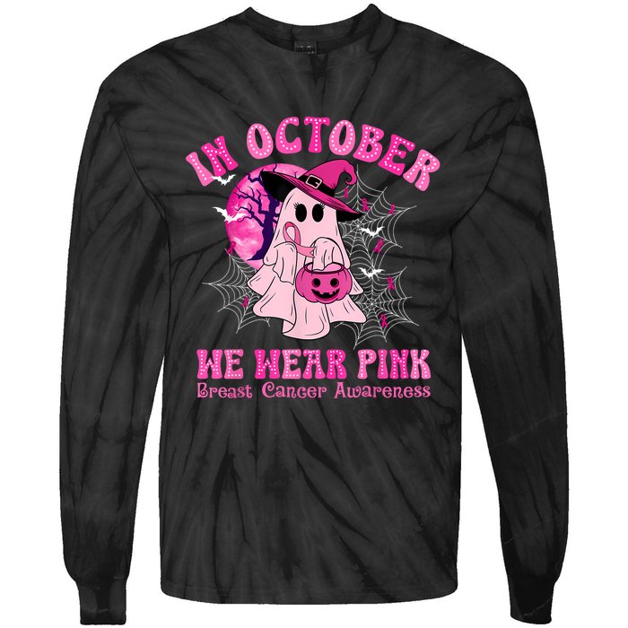 In October We Wear Ghost Witch Breast Cancer Awareness Tie-Dye Long Sleeve Shirt