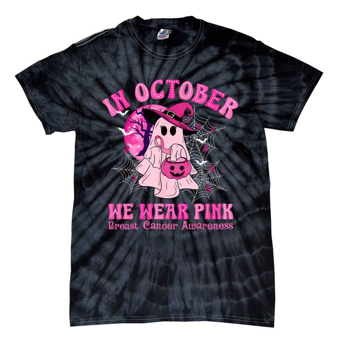 In October We Wear Ghost Witch Breast Cancer Awareness Tie-Dye T-Shirt