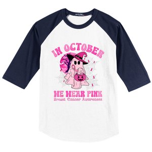 In October We Wear Ghost Witch Breast Cancer Awareness Baseball Sleeve Shirt