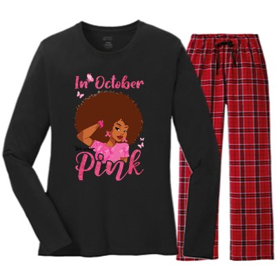 In October We Wear Pink Black Woman Breast Cancer Awareness Women's Long Sleeve Flannel Pajama Set 