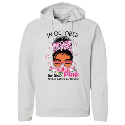 In October We Wear Pink Black Women Messy Bun Breast Cancer Performance Fleece Hoodie