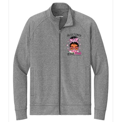 In October We Wear Pink Black Women Messy Bun Breast Cancer Stretch Full-Zip Cadet Jacket