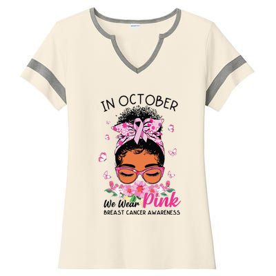 In October We Wear Pink Black Women Messy Bun Breast Cancer Ladies Halftime Notch Neck Tee