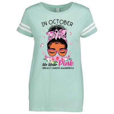 In October We Wear Pink Black Women Messy Bun Breast Cancer Enza Ladies Jersey Football T-Shirt