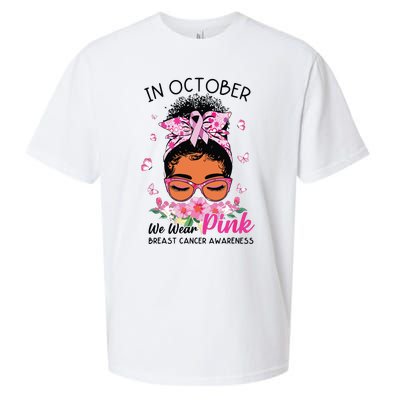 In October We Wear Pink Black Women Messy Bun Breast Cancer Sueded Cloud Jersey T-Shirt