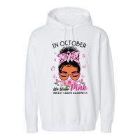 In October We Wear Pink Black Women Messy Bun Breast Cancer Garment-Dyed Fleece Hoodie