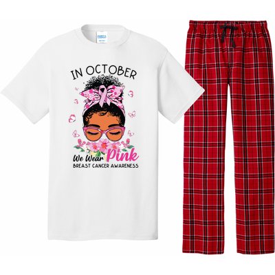 In October We Wear Pink Black Women Messy Bun Breast Cancer Pajama Set