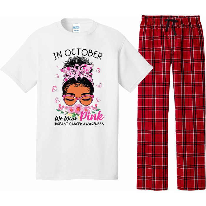 In October We Wear Pink Black Women Messy Bun Breast Cancer Pajama Set