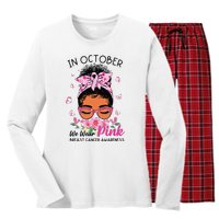 In October We Wear Pink Black Women Messy Bun Breast Cancer Women's Long Sleeve Flannel Pajama Set 