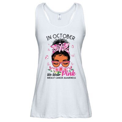 In October We Wear Pink Black Women Messy Bun Breast Cancer Ladies Essential Flowy Tank