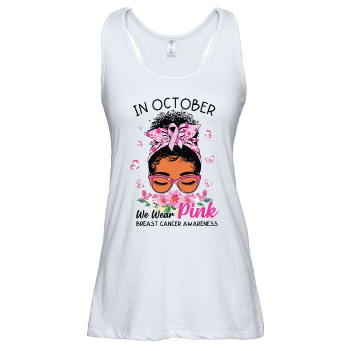 In October We Wear Pink Black Women Messy Bun Breast Cancer Ladies Essential Flowy Tank