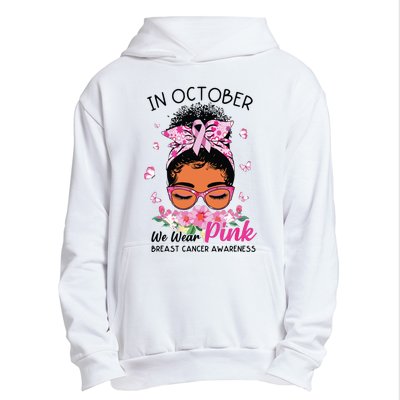 In October We Wear Pink Black Women Messy Bun Breast Cancer Urban Pullover Hoodie